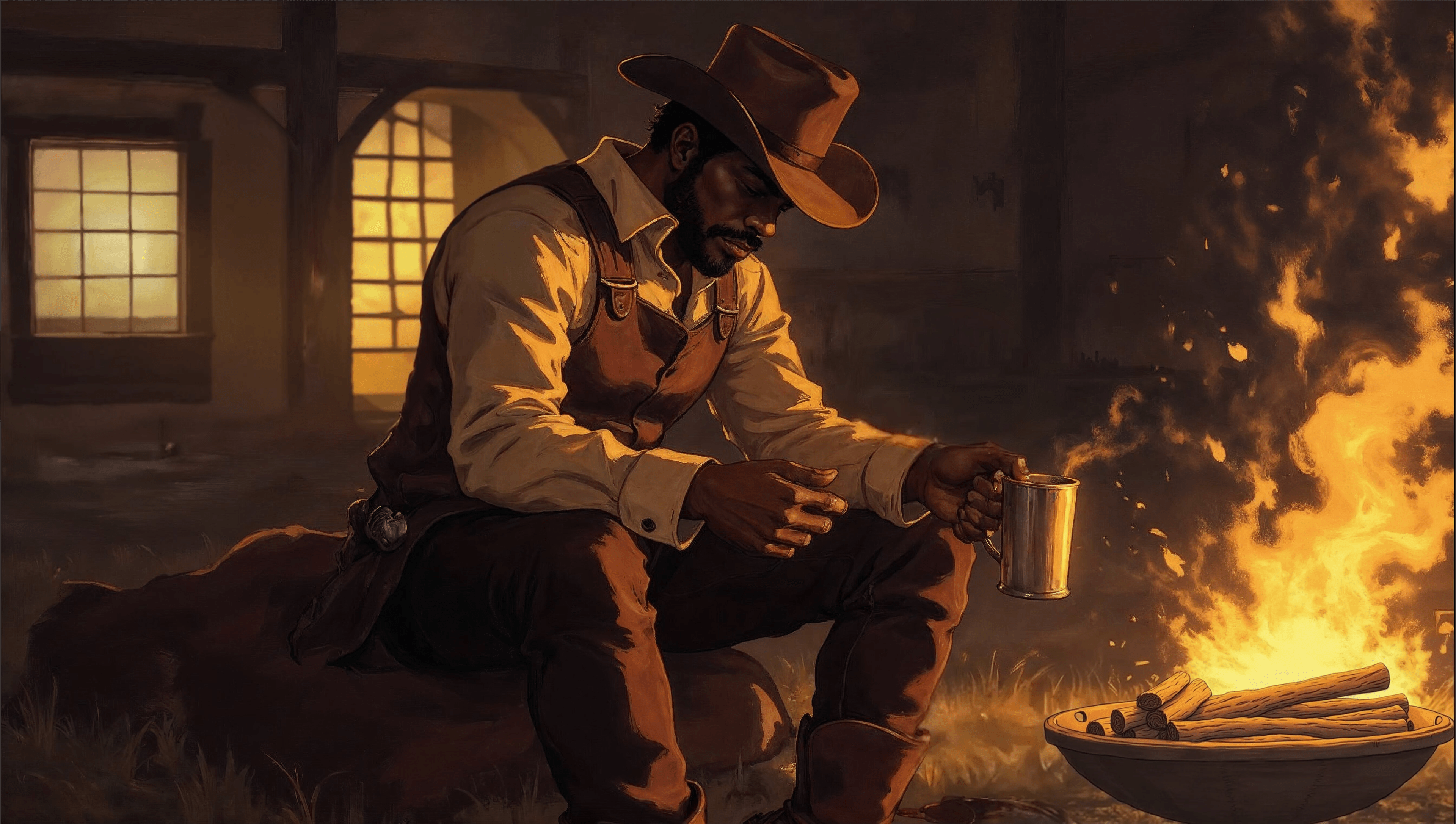 Cowboy brewing coffee over campfire