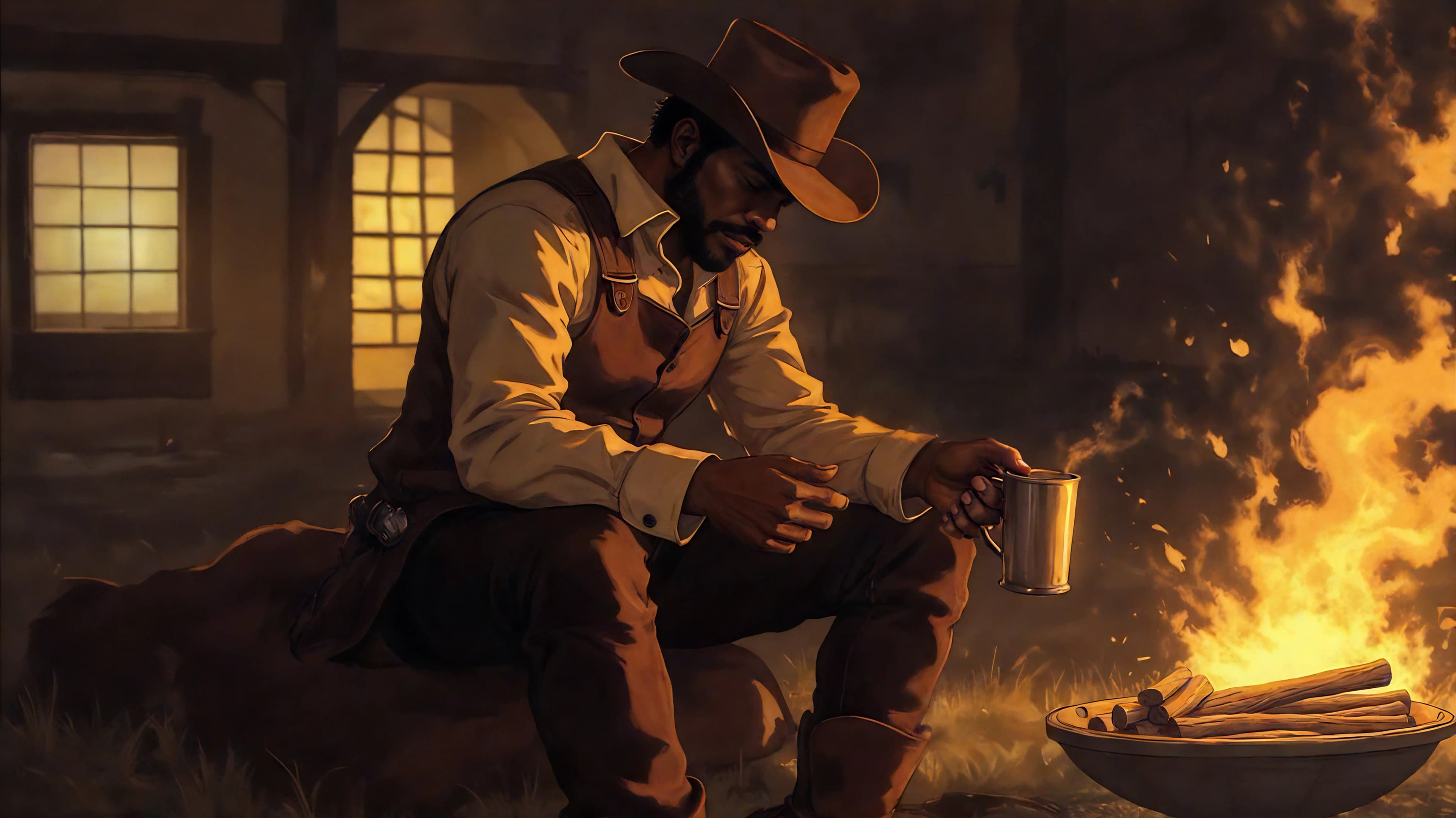 Cowboy brewing coffee over campfire